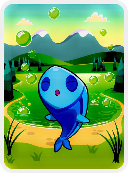 An illustrated sticker of a cute blue cartoon whale floating among bubbles in a green landscape with mountains, trees, and a pond.