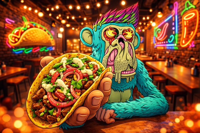 A vibrant AI-generated illustration of a blue furry creature with a pink mohawk holding a large taco in a neon-lit taqueria setting.