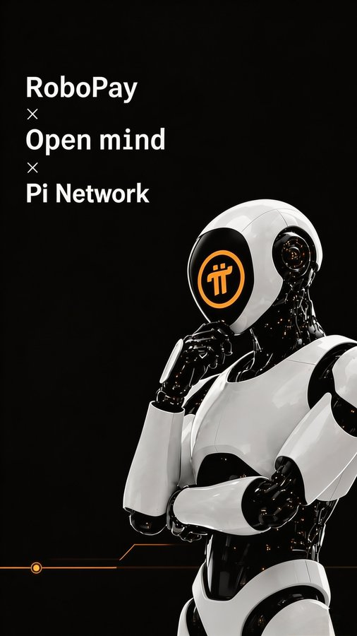 A promotional graphic featuring a white humanoid robot and text reading 'RoboPay x Open mind x Pi Network' with the Pi logo.
