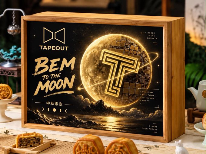 A wooden gift box branded with "TAPEOUT - BEM TO THE MOON" (a play on "Beam to the Moon") sits on a table surrounded by mooncakes, promoting the TapeOut Mid-Autumn Festival giveaway event offering 40 gifts to community supporters.