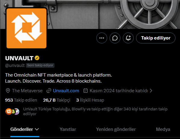 A screenshot shows the UNVAULT (@unvault) Twitter/X profile page, which describes itself as "The Omnichain NFT marketplace & launch platform" with 953 followers, 26.7K tweets, and 3 listed accounts. The accompanying post suggests the user followed Unvault hoping to become a beta tester for the platform's launch.