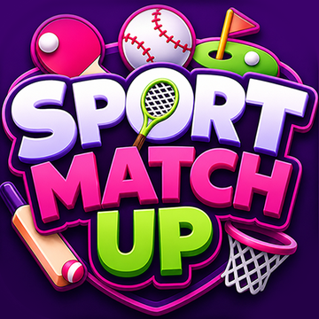 A colorful mobile game logo for 'SPORT MATCH UP' featuring various sports equipment including a tennis racket, baseball, golf ball with flag, cricket bat, and basketball hoop on a purple background.