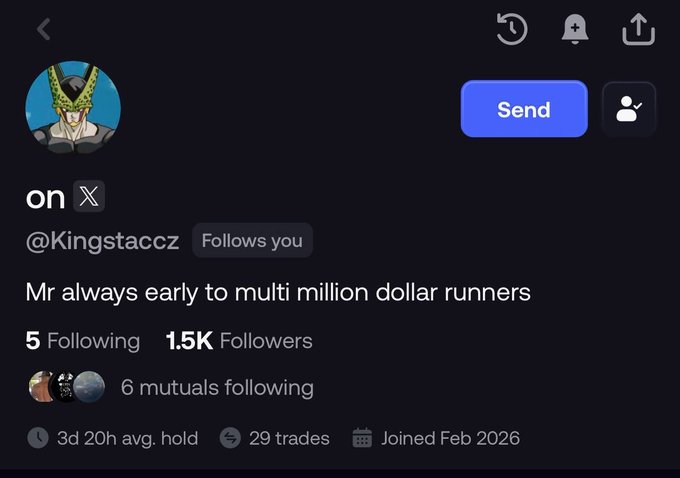 A profile screenshot of @Kingstaccz on X, showing 1.5K followers, 29 trades, and the bio "Mr always early to multi million dollar runners," which complements the post's praise for @fomo's transparency-focused trading platform by highlighting a user benefiting from early calls in the space.