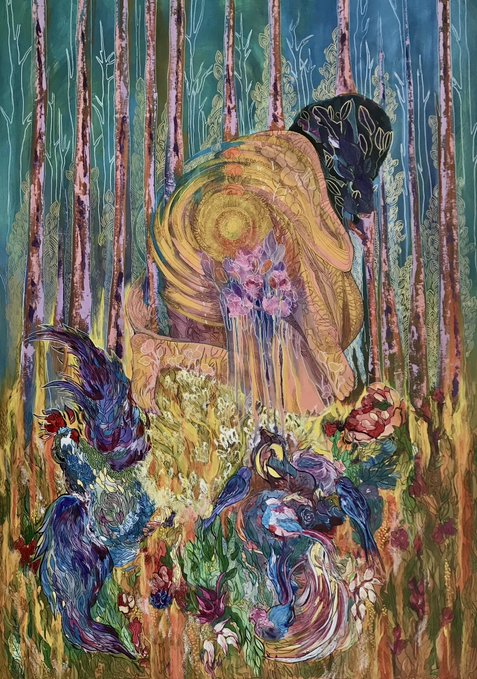 An abstract, colorful painting depicting a figure with golden hair curled into a spiral shape, surrounded by flowing botanical elements and bird-like creatures in a forest setting.