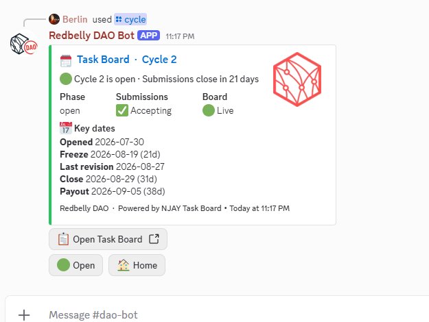 The image shows a Discord message from the "Redbelly DAO Bot" displaying that the "Task Board · Cycle 2" is now open, with submissions accepted for 21 days, and listing key dates including opening on 2026-07-30, freeze on 2026-08-19, and payout on 2026-09-05. This directly supports the post's announcement that the Taskboard for RedbellyDAO is open for cycle 2 applications.