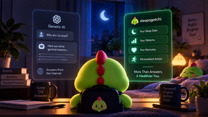 An animated green dinosaur-like character sits at a desk comparing two panels: 'Generic AI' offering general reasons on the left, and 'Sleepagotchi' showing personalized sleep data, patterns, recovery, and action on the right.
