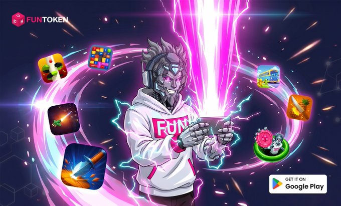 Promotional graphic for "FUNTOKEN" featuring a cyberpunk-style character in a hoodie with lightning effects, surrounded by mobile game app icons and a "GET IT ON Google Play" badge.