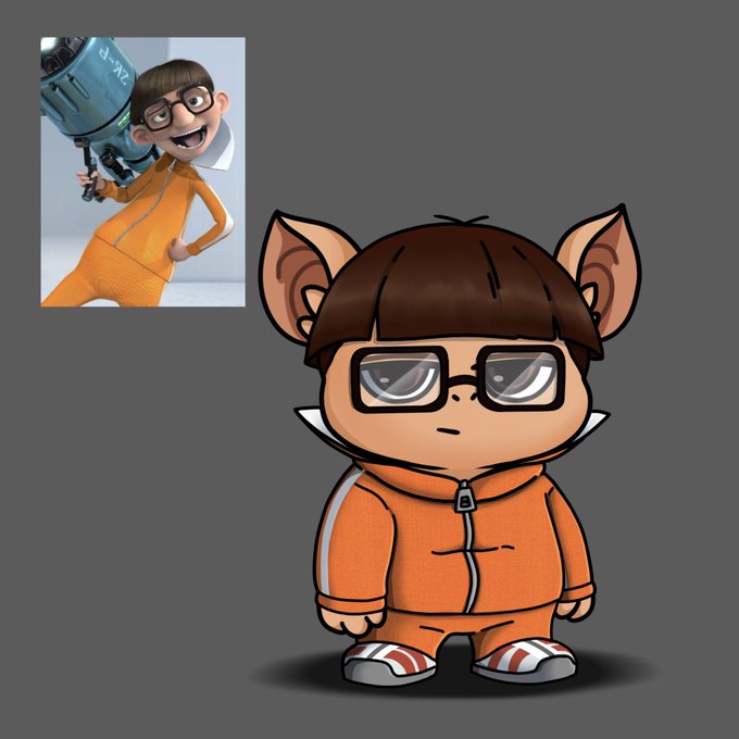 A chibi-style cartoon character with brown hair in a bowl cut, large glasses, cat ears, and an orange tracksuit, shown alongside a photo of the 3D reference character (Vector from Despicable Me) in a similar orange outfit.