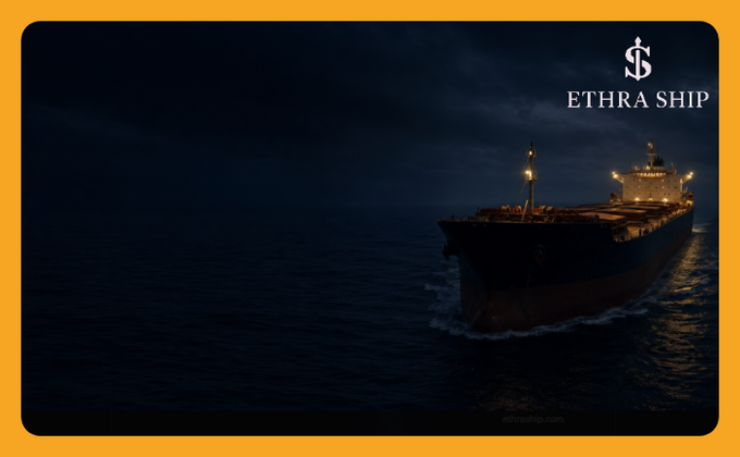 A promotional image for ETHRA SHIP showing a large cargo ship sailing through dark ocean waters at night, with the company logo in the top right corner.