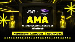 Promotional graphic for a TokenPlay AMA event featuring a champagne bottle, announcing "AI in Crypto: The Future of AI in Web3" on Wednesday, 12 August at 6:00 PM UTC, with @CryptostreamsL—matching the post's details about the upcoming Twitter Spaces discussion.