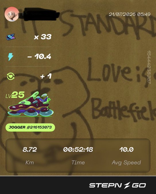 STEPN GO app screenshot showing a jogging activity on 24/07/2026 with 8.72 km covered in 00:52:18 at an average speed of 10.0.