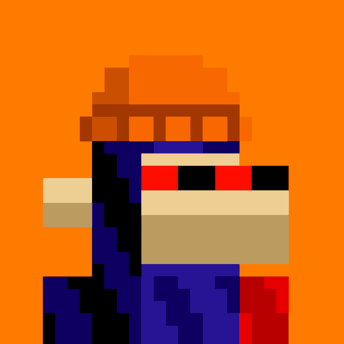 A minimalist pixel art rendering of a character resembling Char Aznable from Gundam, featuring a red helmet with a yellow visor and a blue and red suit against an orange background.
