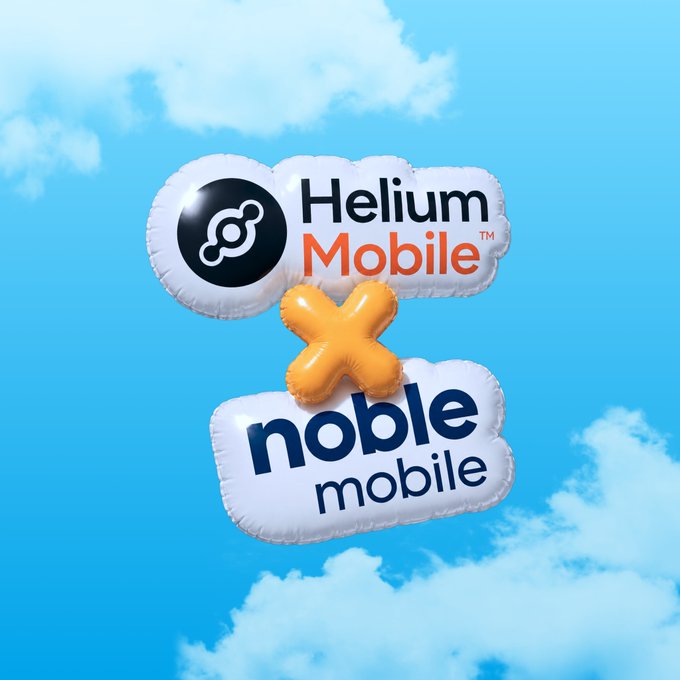 The image features a blue sky with white clouds, and two large balloons floating in the air. One balloon is orange and black, while the other is white and orange. The text "Helium Mobile" is written on both balloons, indicating that they are associated with the Helium mobile carrier. Additionally, there's a post about Solana-based @helium_mobile carrier being acquired by @joinnoblemobile.
