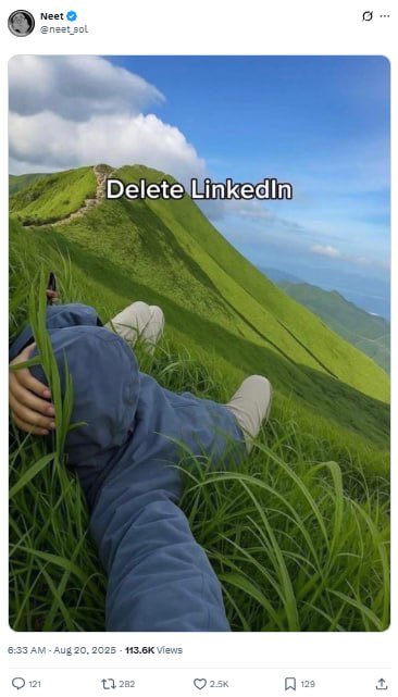 The image shows a person lying on lush green grass on a hillside, with text "Delete LinkedIn" overlaid on the scene.

The image relates to the post as an example of a meme that the person known as "Adrian Dittmann" posted (likely the famous "Delete LinkedIn" meme), which gained significant traction with 600k likes and an Elon Musk quote-tweet.
