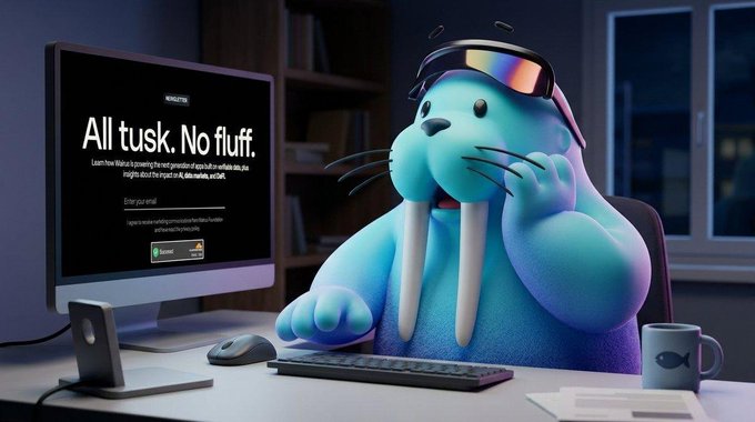 A blue walrus mascot wearing sunglasses sits at a computer displaying a webpage reading "All tusk. No fluff." for Conso.xyz, with the tagline highlighting its Consumer Reputation Layer built on Walrus Protocol and Sui Network to give users ownership of their digital activity and opportunities.