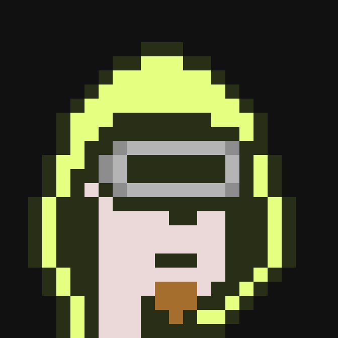 A low-resolution pixel-art portrait of a character wearing a green hood and a gray visor, with a brown face and orange mouth on a dark background.