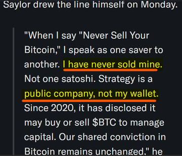 The image features a tweet from Michael Saylor with highlighted text stating "I have never sold mine" and "Strategy is a public company, not my wallet," with the caption noting Saylor's attempt to distinguish between his personal "Never Sell Your Bitcoin" stance and Strategy's disclosed ability to buy or sell BTC since 2020.

The accompanying post critiques this clarification, pointing out the contradiction between Saylor's previous public statements about never selling Bitcoin and Strategy's subsequent selling activity, arguing that as Strategy's public face, he cannot separate his personal conviction from the company's actions given his fiduciary responsibility to investors.