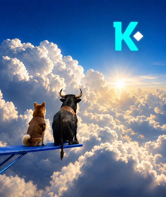 A whimsical digital artwork depicting a Shiba Inu dog and a black bull sitting together on a diving board above the clouds at sunset, with the 'K.' logo in the upper right corner.