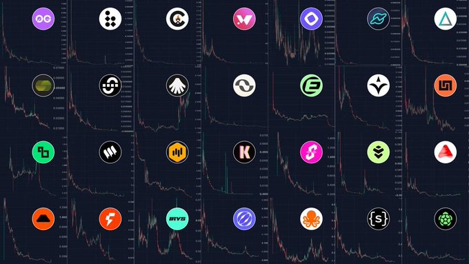 A grid of various cryptocurrency logos displayed over background financial charts.