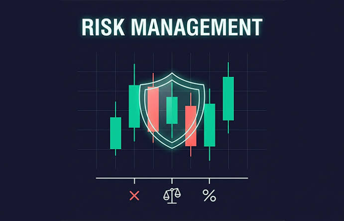 A dark-themed graphic titled "RISK MANAGEMENT" features a candlestick stock chart overlaid with a protective shield, with three icons below (X, balance scale, and %) symbolizing trade errors, balanced judgment, and percentage-based risk—visually reinforcing the post's message about the hidden risks of zero-fee stock trading, where the real cost isn't fees but the risk of choosing the wrong product on MEXC.