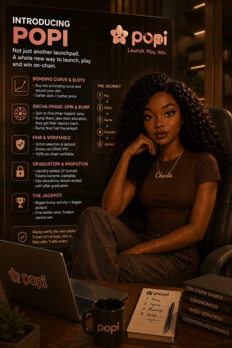 A promotional graphic introducing 'POPI Launchpad' with the tagline 'Not just another launchpad,' featuring a woman at a desk with a POPI laptop, explaining features like 'BONDING CURVE & SLOTS', 'GACHA PHASE: SPIN & BUMP', and 'THE JACKPOT'.
