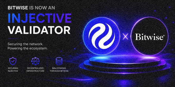 Promotional graphic announcing 'BITWISE IS NOW AN INJECTIVE VALIDATOR', highlighting 'Securing Injective', 'Decentralized Infrastructure', and '$INJ staking through Bitwise'.