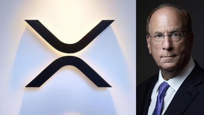 A split image showing the XRP cryptocurrency logo on the left and a formal portrait of a businessman in a dark suit with a purple tie on the right.