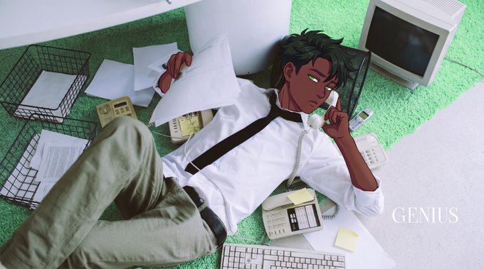 An anime-style illustration of a dark-skinned man with green eyes lying on green carpet, surrounded by vintage office items including a telephone, keyboard, and papers, with the word 'GENIUS' displayed in the bottom right.