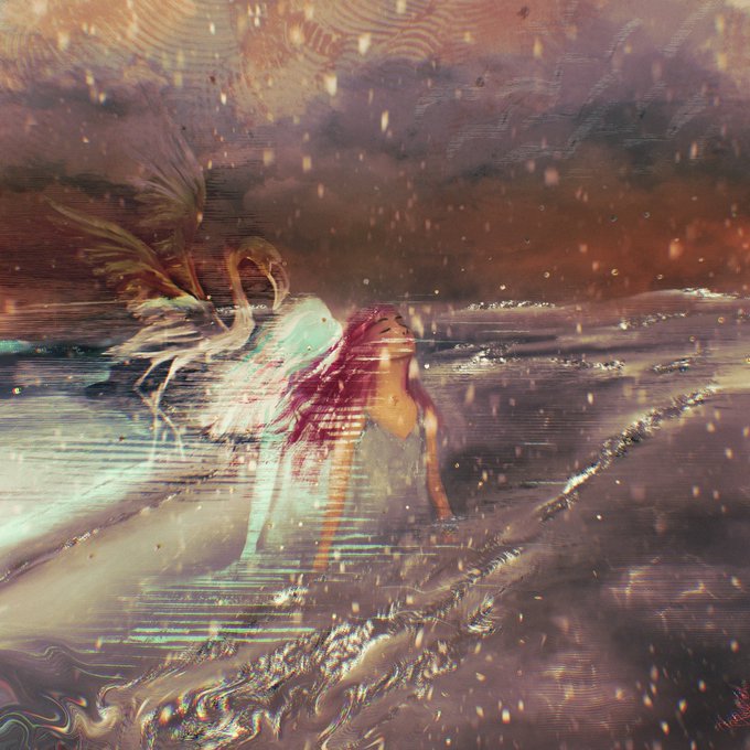 An abstract, glitchy digital artwork featuring a translucent figure with flowing hair standing in water, rendered with distorted horizontal lines and warm orange and purple tones.