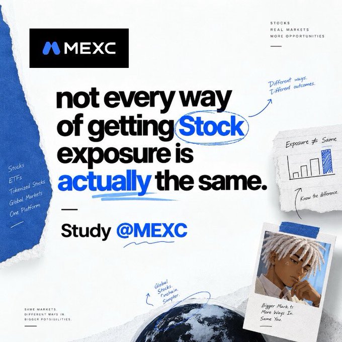 A MEXC promotional graphic reads 'not every way of getting Stock exposure is actually the same', advertising Stocks, ETFs, Tokenized Stocks, and Global Markets.