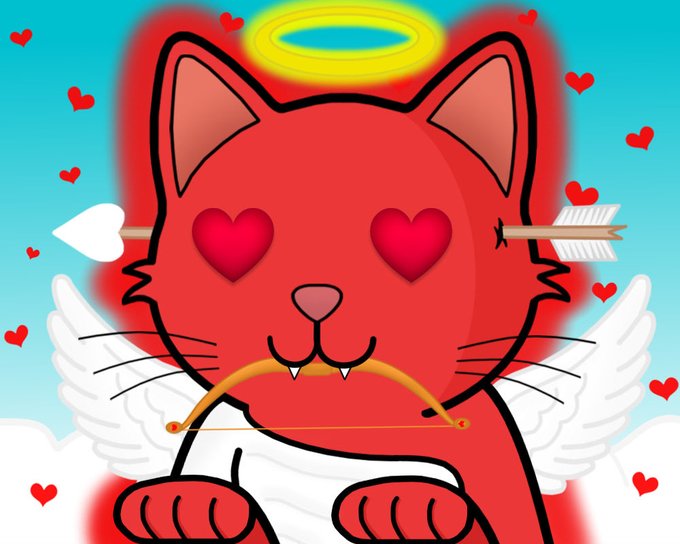 A cartoon illustration of a red cat with heart-shaped eyes, angel wings, a yellow halo, and Cupid's arrow through its head, holding a bow against a sky with floating hearts.