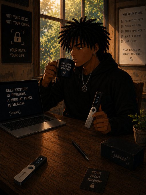 A young man sits at a desk sipping coffee from a Ledger-branded mug while holding a Ledger hardware wallet, with a laptop displaying "Self-custody is freedom. A mind at peace is wealth," alongside Ledger devices and motivational signs like "Your keys, your life." The image visually reinforces the post's message about Ledger's commitment to self-custody, mental clarity, and staying locked in.