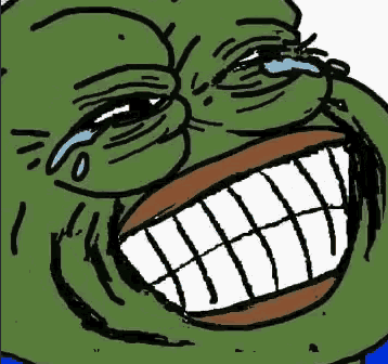 The 'Sad Pepe' meme illustration showing the green frog character crying with a strained, forced smile.