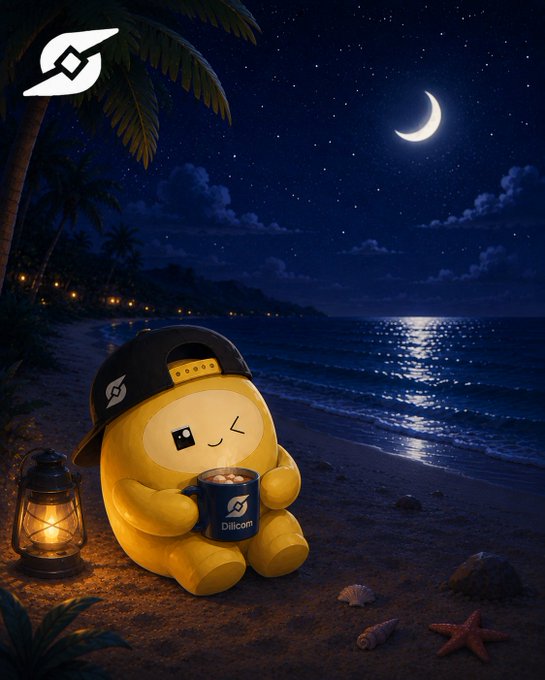 A yellow mascot character wearing a backward cap sits on a beach at night holding a cup labeled 'Dilicom,' with a lantern, starfish, crescent moon, and ocean waves in the scene.