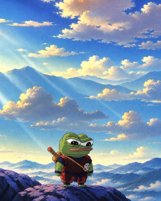 An anime-style illustration of Pepe the Frog dressed as a warrior with a staff and red outfit, standing on a mountain peak overlooking clouds and distant mountains under a sunny blue sky.