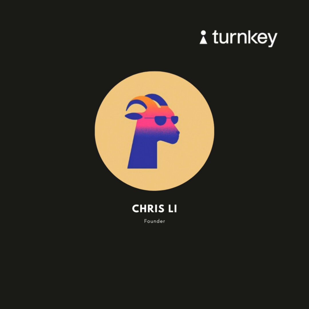 The image shows a logo featuring a goat's head and the name " Chris Li" printed above and below it, both rendered in white against a black background. Above the goat's head, there are texts that read "Focus on what is in the image and how it relates to the post". The surrounding text refers to an app called " @frontrunpro", which suggests that this logo might be associated with a trading platform or service related to cryptocurrency and financial technology.