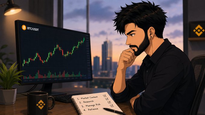 An illustration of a bearded man analyzing a 'BTC/USDT' trading chart on a monitor, with a notebook listing 'Market Context', 'Research', 'Manage Risk', and 'Patience'.