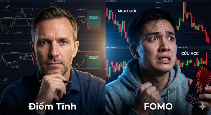A split-screen meme contrasting a calm, focused man labeled 'Điềm Tĩnh' with stock charts against a panicked young man labeled 'FOMO' with text 'MUA ĐUỔI' and 'CỨU ACC' beside falling cryptocurrency charts.