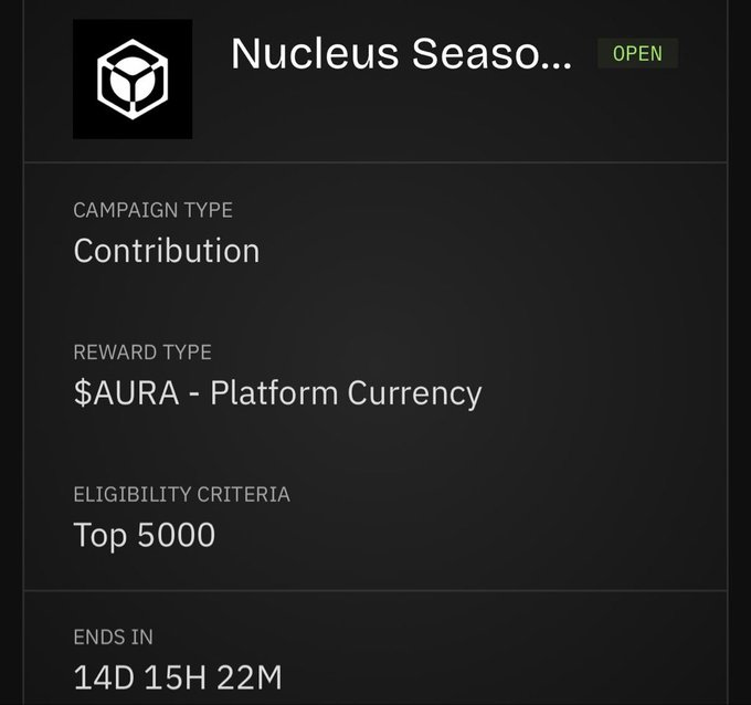 A dark-themed digital interface displays campaign details titled "Nucleus Seaso..." marked as "OPEN", with Contribution campaign type, $AURA Platform Currency reward, Top 5000 eligibility, and a countdown timer reading "14D 15H 22M".