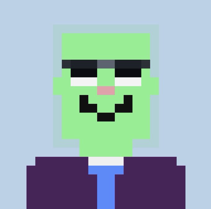 A pixel art portrait depicts a green-skinned figure with a relaxed expression, heavy-lidded eyes, and a wide grin, dressed in a dark purple suit and blue tie. The retro 8-bit style and carefree pose give it a distinctly ironic, low-effort aesthetic that humorously contrasts with the claim that this simple NFT is worth $19K.