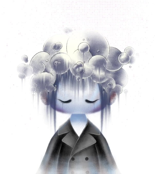 A surreal digital illustration of a pale figure with closed eyes wearing a dark coat, whose head is replaced by a cluster of soft, cloud-like bubbles with a red detail dripping down.