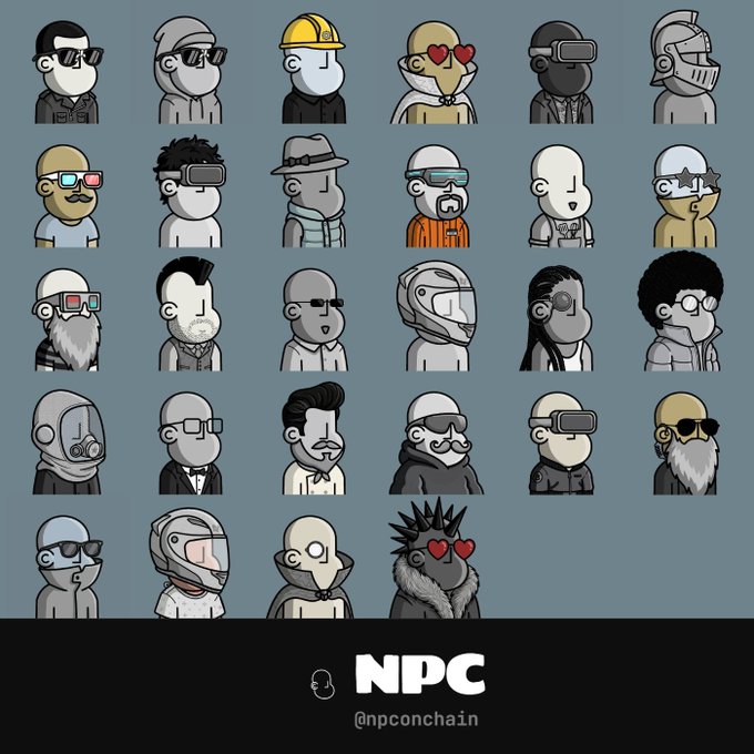 A grid of stylized cartoon character avatars wearing various accessories like VR headsets, hats, and sunglasses, labeled "NPC" with the handle "@npconchain" at the bottom.