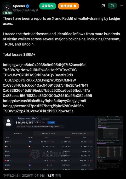 A tweet by @SpecterAnalyst (Specker) about Ledger wallet-draining scams, reporting total losses of $86M+ across Ethereum, TRON, and Bitcoin, including multiple wallet addresses and screenshots of victim transactions.