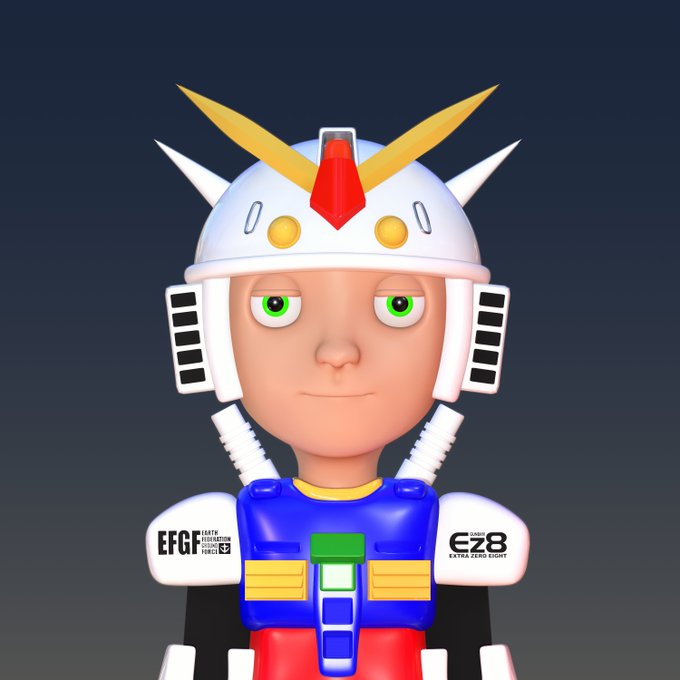 A 3D-rendered cartoon-style character with green eyes wearing a white Gundam-inspired helmet with yellow V-fin antenna and a blue, white, red, and yellow mecha suit labeled "EFGF" and "G78 EXTRA ZERO STORY."