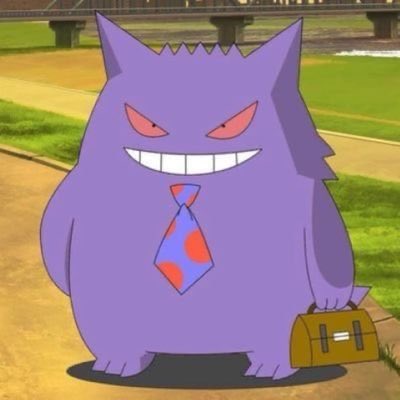 The Pokémon Gengar, depicted as a large purple ghost-like creature wearing a blue and red tie and carrying a brown briefcase, walking in an anime-style outdoor setting.