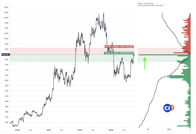 The image shows a Bitcoin price chart spanning 2023-2026 with a 1-day timeframe, where BTC has rallied from ~$20k to peaks above $125k before correcting to ~$80-85k, illustrating the recent dip into the $84,727-$86,727 support zone highlighted in red/green bands where massive buyers (100 BTC to absorb and 100 BTC to breakout) have stepped in at the 1M 50% level around $85,000.