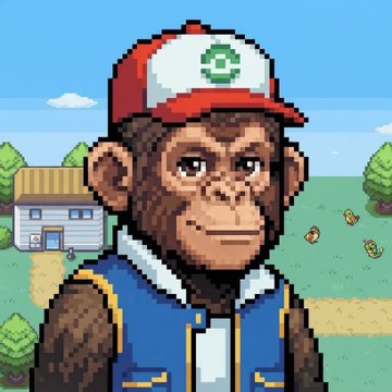A pixel-art ape character wearing a red-and-white cap and a blue vest, standing in a rural game-like setting.