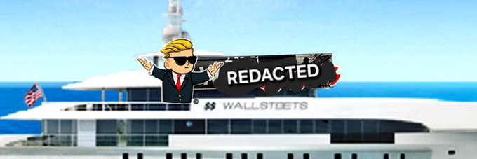A cartoonish character with blonde hair and sunglasses stands before a backdrop of a ship at sea, with a redacted black box and the 'WallStreetBets' logo visible.