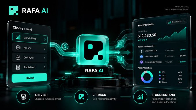 A futuristic “RAFA AI” advertisement presents an “AI-POWERED ON-CHAIN INVESTING” platform with panels for choosing funds, tracking real fund activity, and understanding asset allocation.