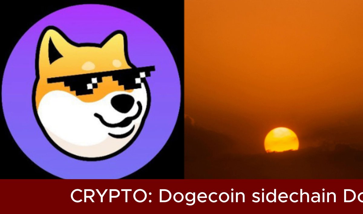 The image features a Dogecoin sidechain logo with sunglasses and a sunset background. Below the logo, there's text that reads "Crypto::DOGE coin sidechain Dogecoin sidechains" and "Focus on what is in the image and how it relates to the post". The text suggests that the Dogecoin sidechain has been shut down after four years, and the team is trying to get funds out of it.